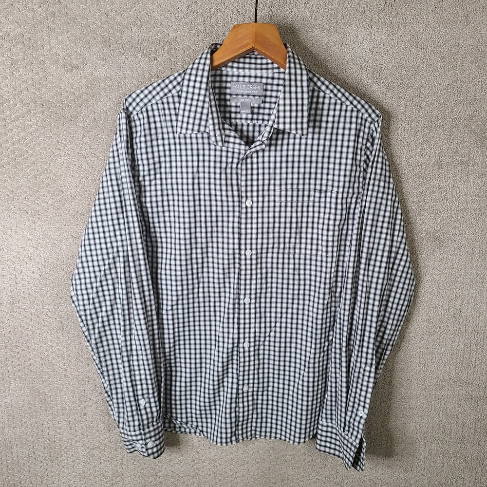 Falls Creek Performance Shirt Mens L Black White Plaid No Tuck Gingham Button Up